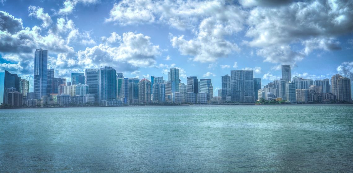 Downtown Miami Skyline with bay and clouds