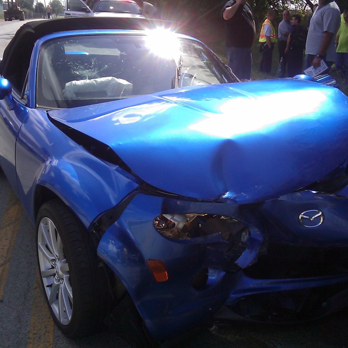 Car Accident, Automobile Accident, Car Wreck, Blue Mazda Miata Car Crash