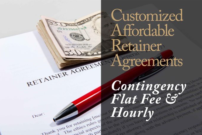 Customized Affordable Legal Retainer Agreements. Contingency Flat Fee and Hourly picture of retainer agreement with red pen and money paper clipped to the page